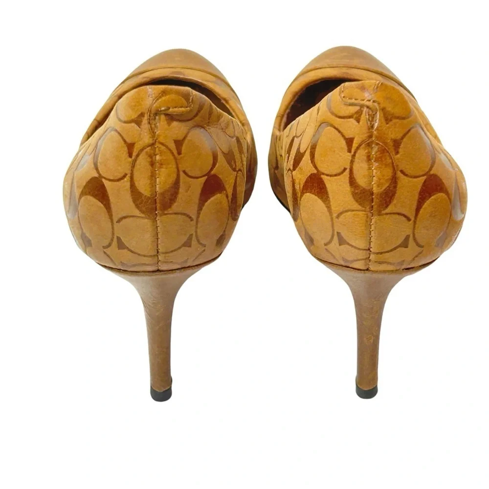 Coach Brown Natassia Heels Pumps Leather Logo Embossed